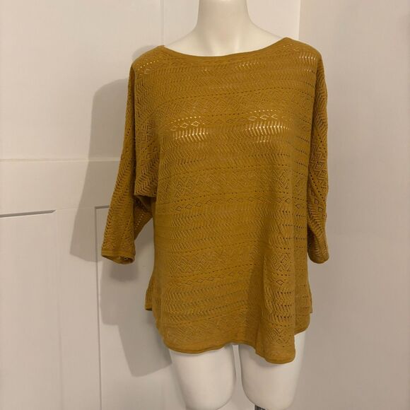 Garnet Hill size Large Linen Cotton Blend Open Knit Mustard Yellow Cardigan - Picture 1 of 5